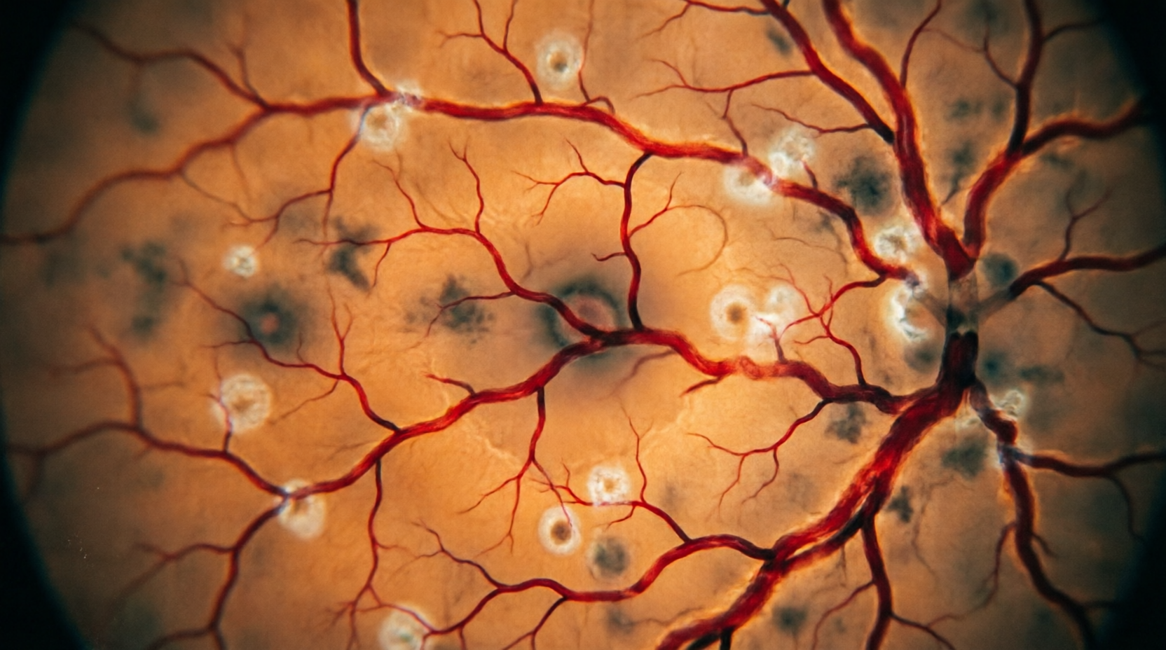 Close crop of branching retinal blood vessels over warm amber tissue, shown enlarged as a visual detail.